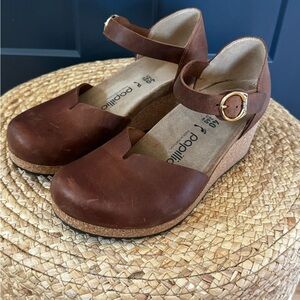 Papillio by Birkenstock Brown Leather Mary Jane Cork Wedge Sandal